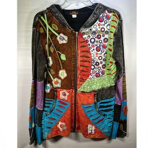 Rising International Zip Floral Patchwork Embroidered Hoodie Size Large
